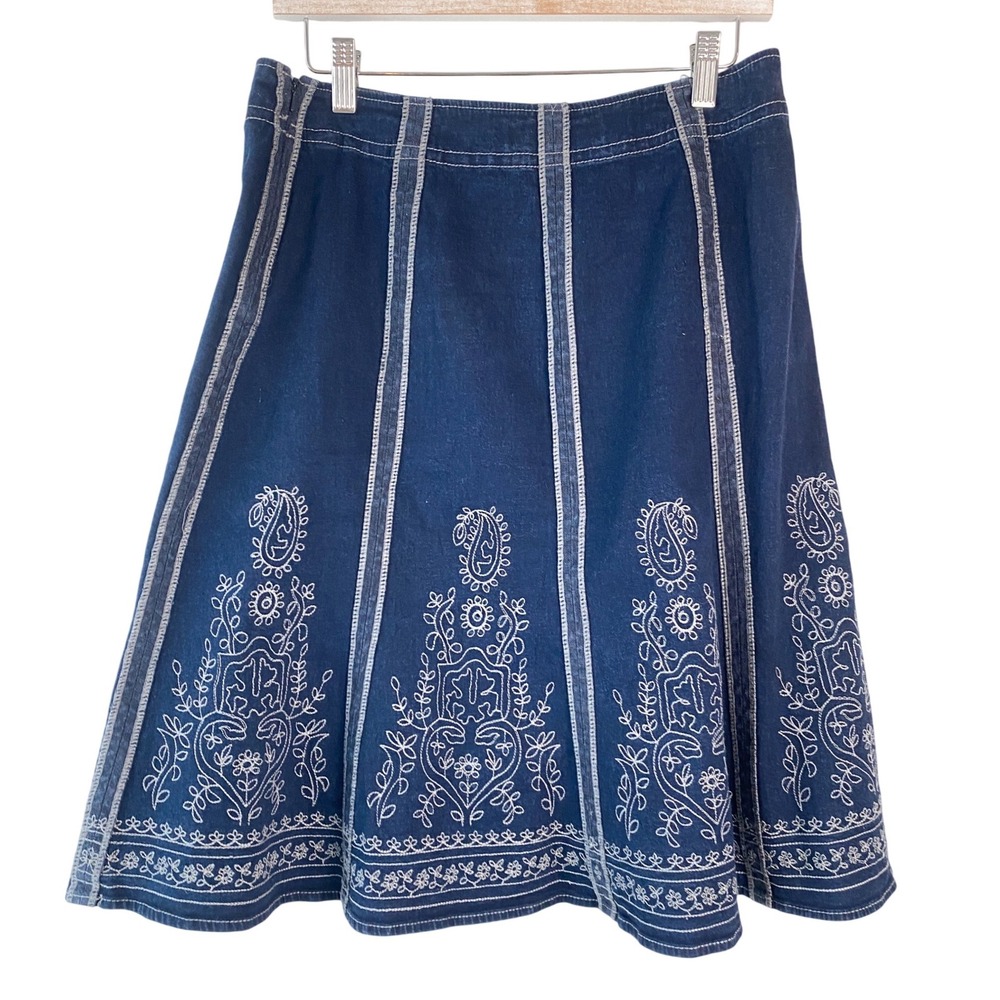 Motto Womens Denim A Line Skirt 12 Blue Embroidered Western Boho Cowgirl Vintage